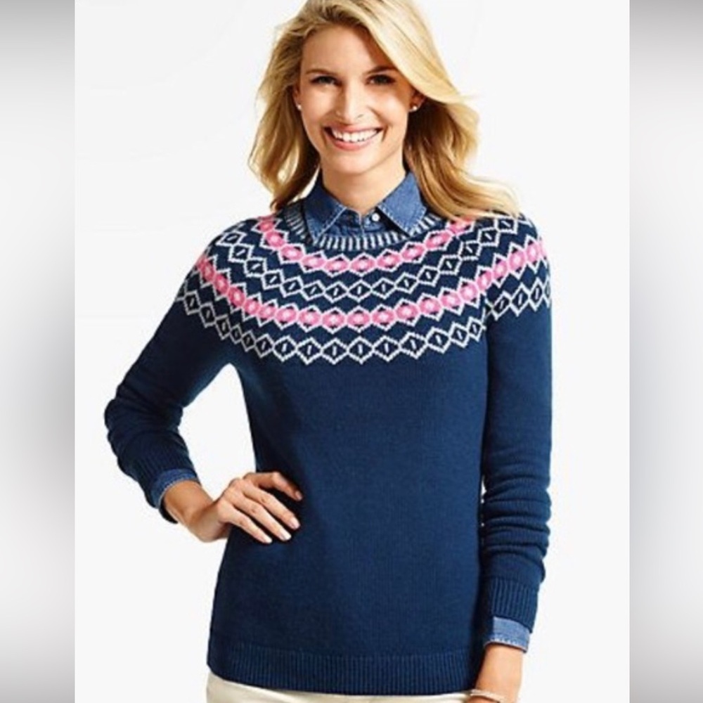 Talbots Fair Isle Crew Neck Lambswool Blend Sweater Size S Classic Preppy Alpine